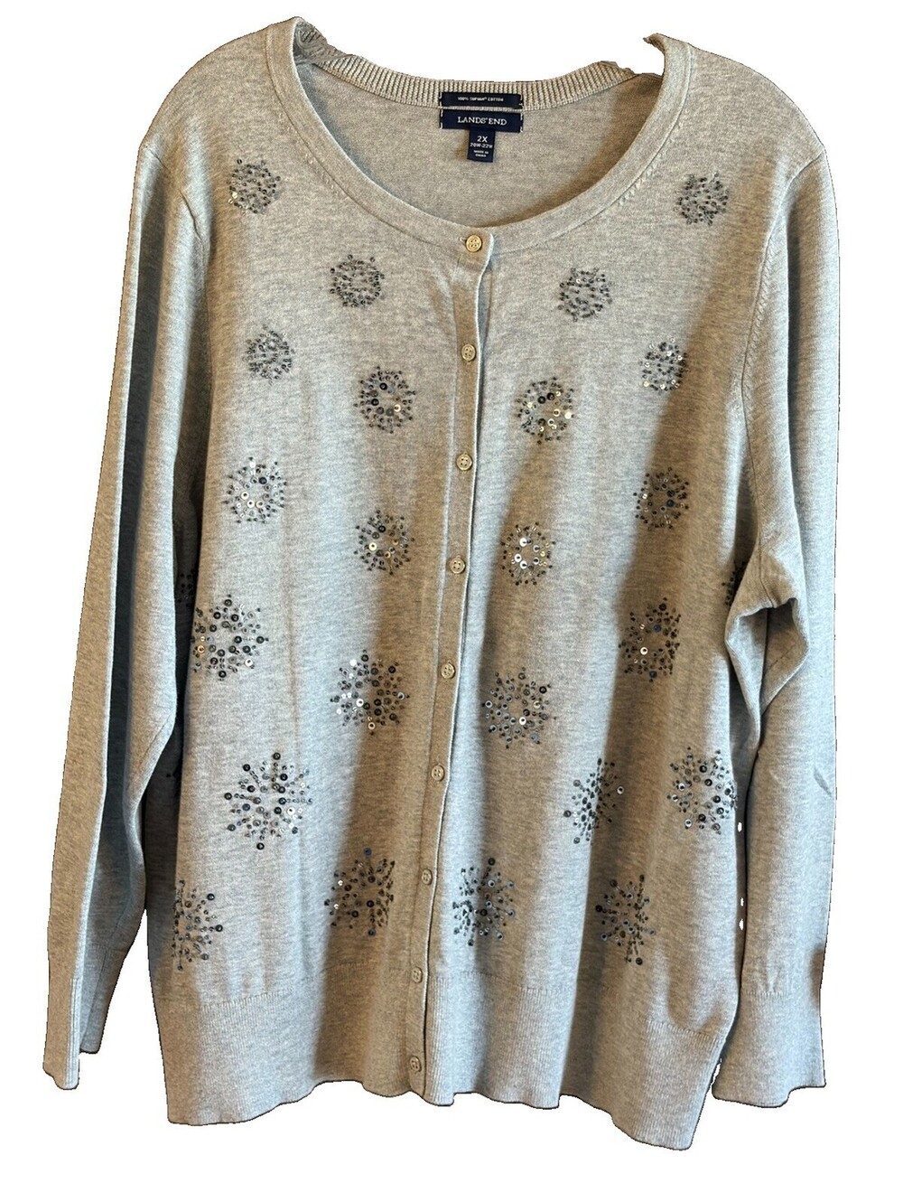 Land’s End 2X Gray Supima Cotton Knit Cardigan Snowflake Cardigan Bling